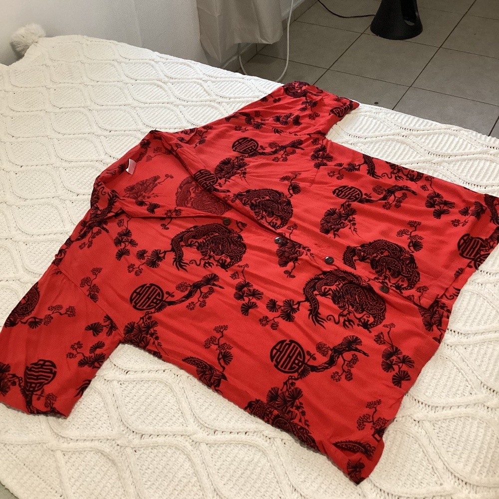 Casual red dragon button up